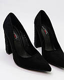 Туфлі човника жіночі чорні замшеві на стійкому підборі з камінчиками 10 см, фото 5