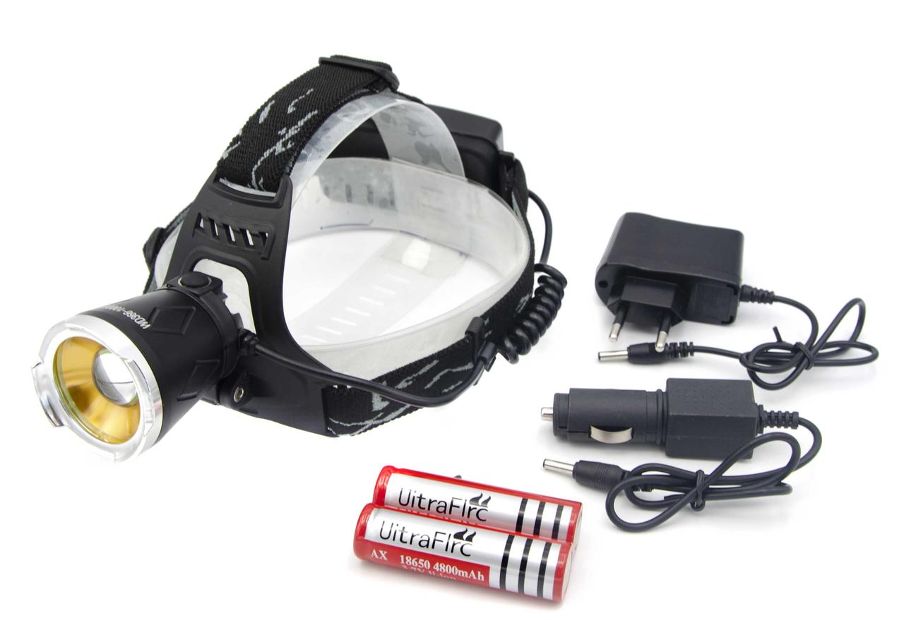 Налобний ліхтар WD111, 2х18650 Акк., T6+XPE, ультрафіолет, Zoom, MicroUSB ЗУ, фото 1