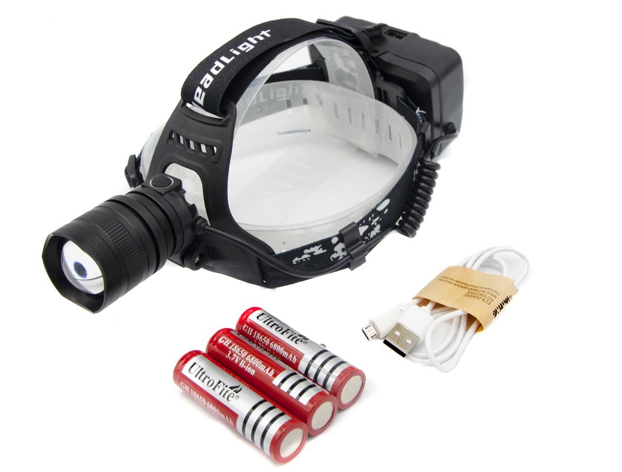 Ліхтар налобний P54 / 3*18650/ ЗУ MicroUSB /P50 LED/ Zoom/ Кріплення на голову