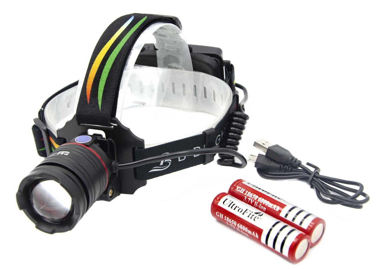 Налобний ліхтар P52, 2х18650, ЗУ MicroUSB, P50 LED, Zoom, фото 1
