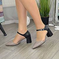 Туфли женские кожаные на невысоком устойчивом каблуке, цвет визон/черный