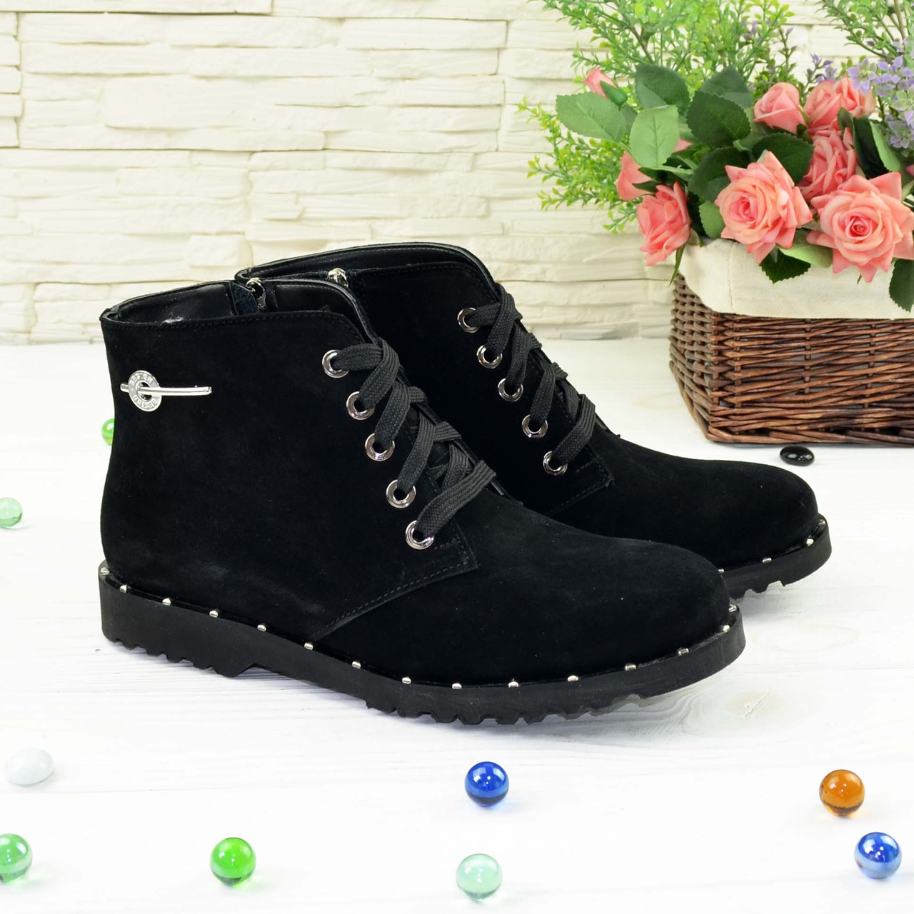 Ботинки женские замшевые на шнуровке, цвет черный: продажа, цена в ...