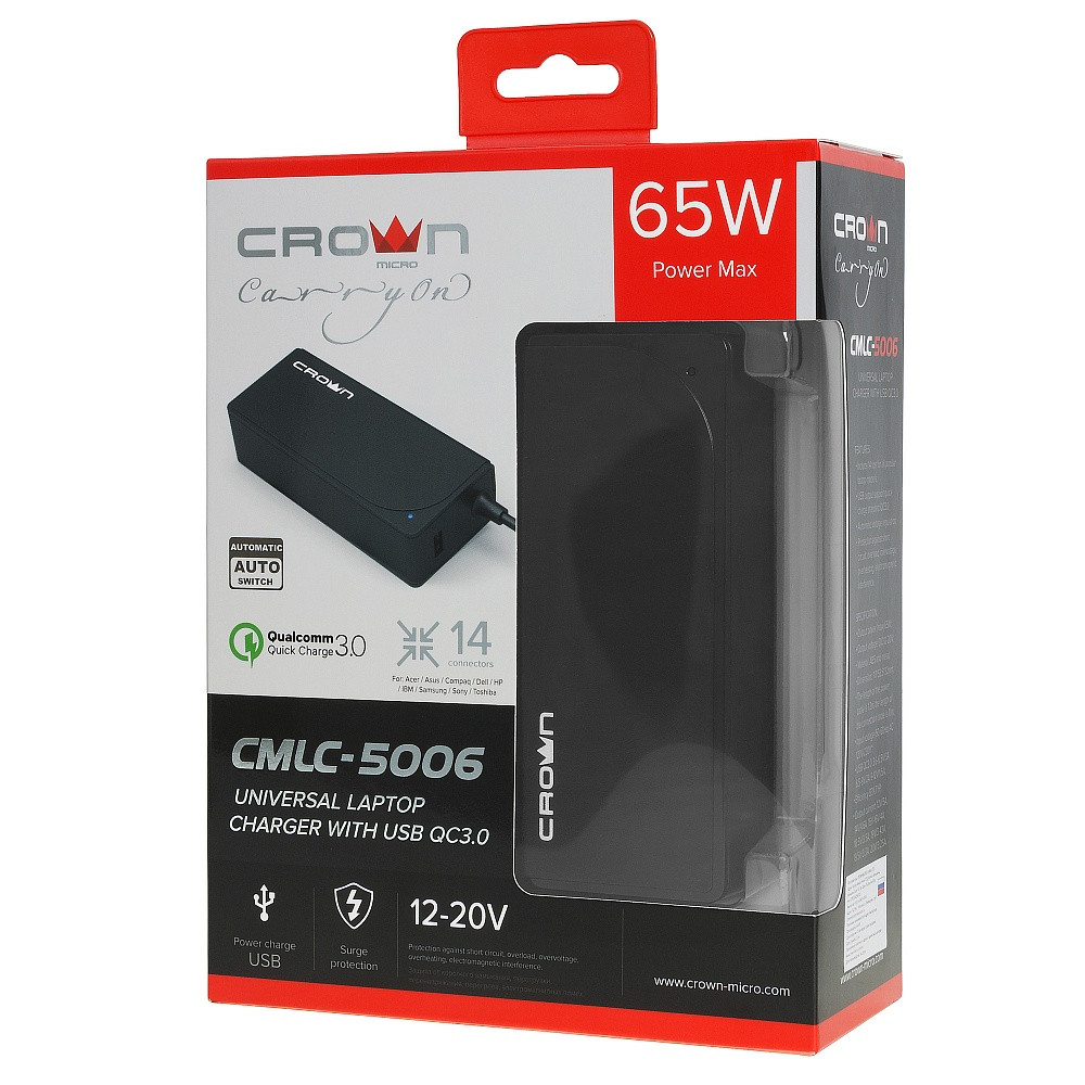 Универсальное зарядное устройство для ноутбуков с USB QC3.0 Crown CMLC-5006, 12-20V, 5A, 65W - фото 1 - id-p1228806888