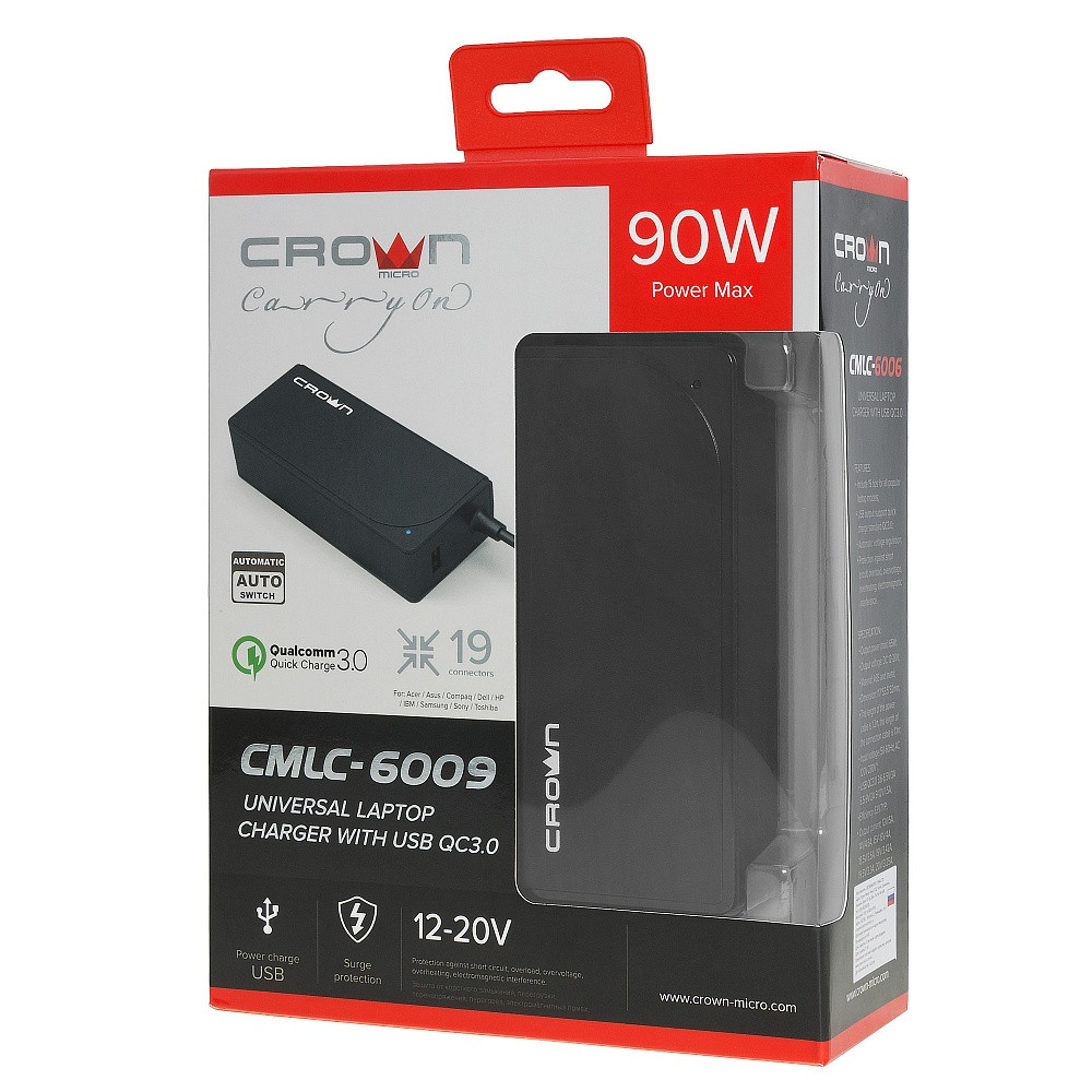 Универсальное зарядное устройство для ноутбуков с USB QC3.0 Crown CMLC-6009, 12-20V, 5A, 90W - фото 1 - id-p1228810440