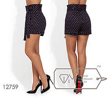 Стильні жіночі літні коттонові шорти в горошок і під пояс (р.42-48). Арт-2616/23 Темно-синій