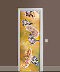 Вінілова 3D наклейка на двері Метелики і Колоски інтер'єрна плівка польові квіти Бежевий 60*180 см
