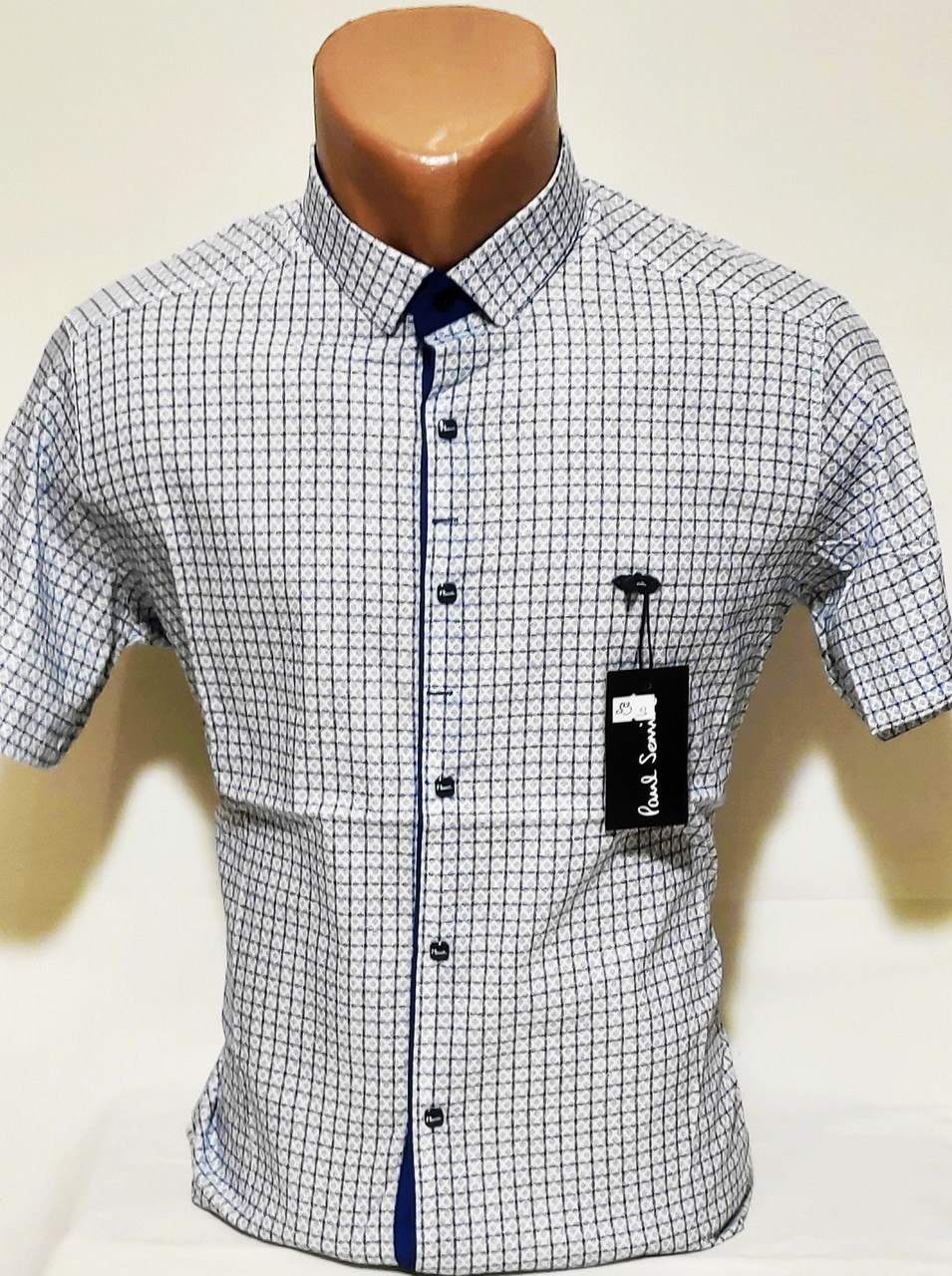 Сорочка чоловіча з коротким рукавом vk-0083 Paul Smith біла у візерунок приталені стрейч коттон Туреччина