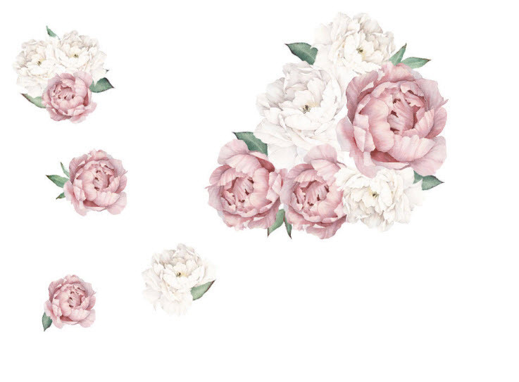 Наклейка на стіну, вікна, шафи, дзеркала квіти "піони рожево-білі 12 штук набір" (лист 40 см*60 см)
