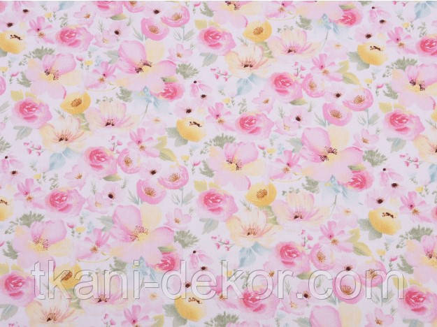 Сатин (бавовняна тканина) квіти ніжні рожеві