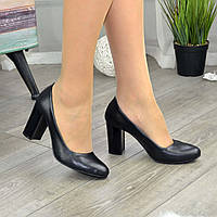 Туфли женские кожаные классические на устойчивом каблуке, цвет черный