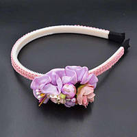 Обруч для волосся каучук квіти з тканини, атлас, намистини, кольори в асортименті