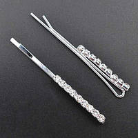 Невидимки для волосся 2 шт 50х30 мм метал — срібло білі стрази