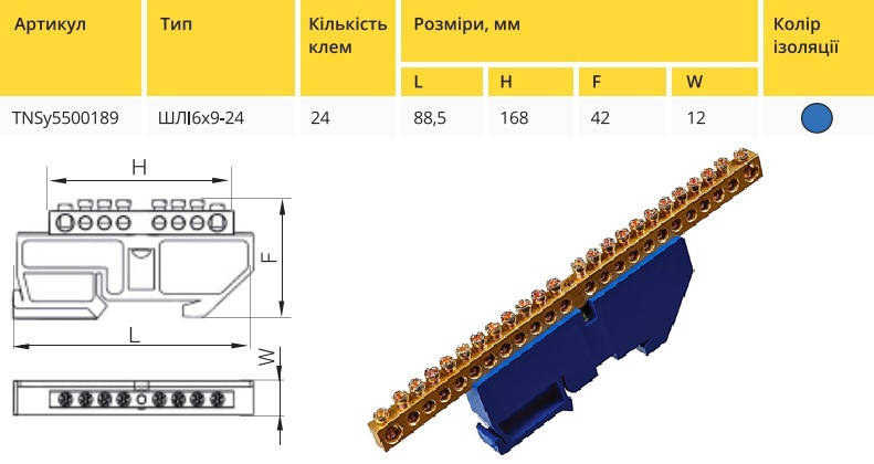 Шина ізольована «N» на DIN-рейку ШЛІ 6х9-24 синій TNSy5500189, фото 2