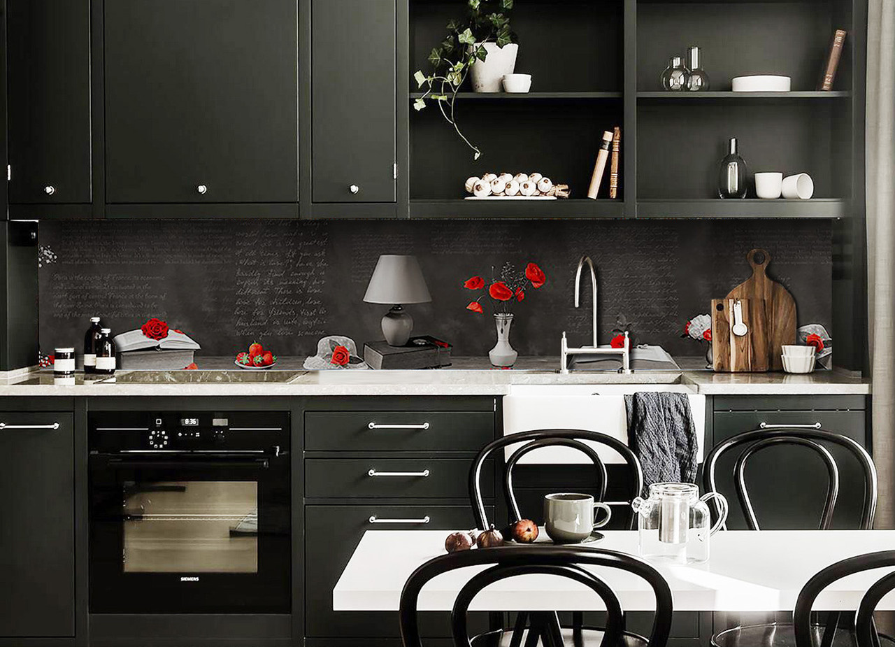 Кухонний фартух Червоні Маки (вінілова плівка наклейка скіналі ПВХ) 3Д продовження столу Сірий 60х200 см, фото 1