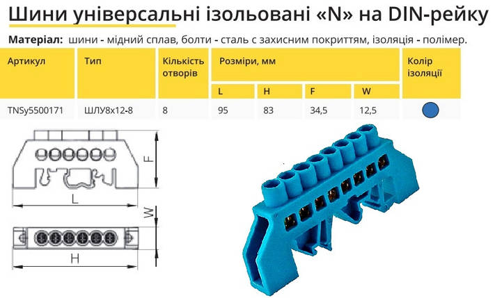 Універсальна Шина ізольована «N» на DIN-рейку ШЛС 8х12-8 синій TNSy5500171, фото 2
