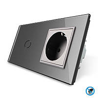 Безконтактний вимикач 1 сенсор 1 розетка Livolo сірий скло (VL-C701/C7C1EU-PRO-15)
