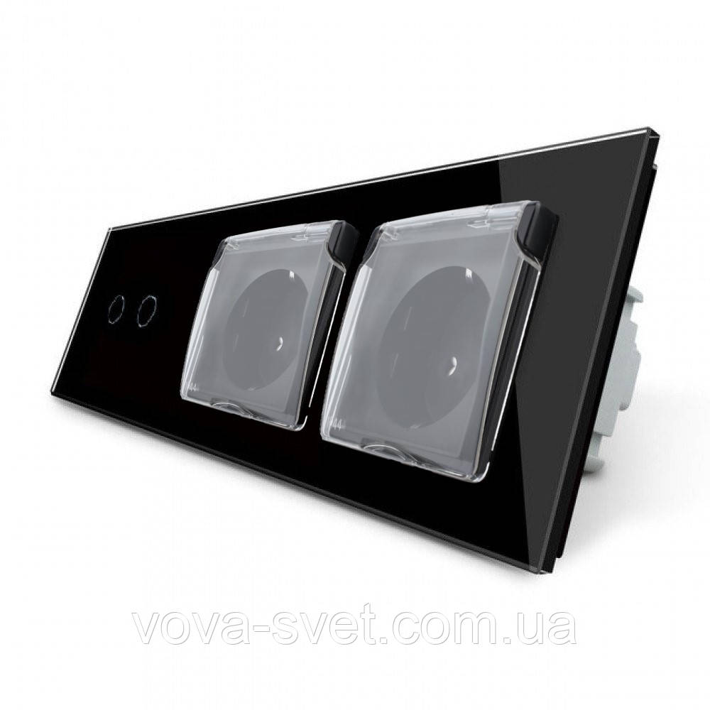 Сенсорний вимикач 2 сенсора Розетка подвійна вологозахисна з кришкою Livolo чорний скло (VL-C702/C7C2EUWF-12)