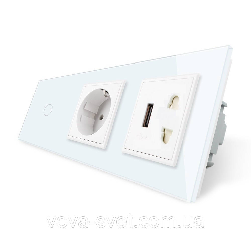 Сенсорний вимикач 1 сенсор 1 розетка 1 USB 1 розетка універсальна Livolo білий скло (VL-C701C1EU1USBC1A-11)
