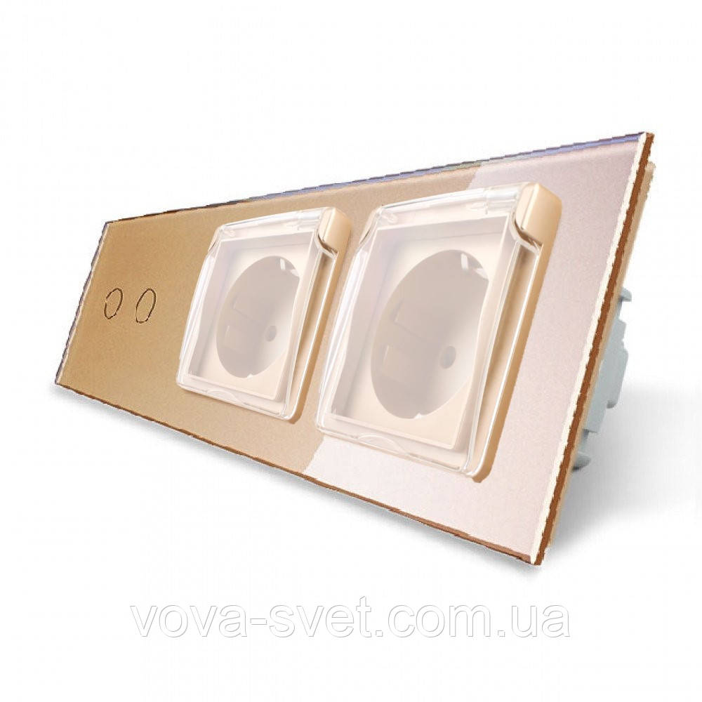 Сенсорний вимикач 2 сенсора Розетка подвійна вологозахисна з кришкою Livolo золото скло (VL-C702/C7C2EUWF-13)