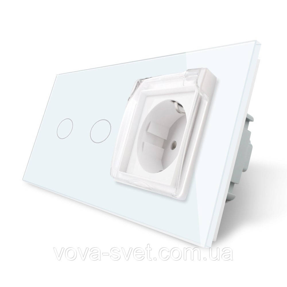 Сенсорний вимикач 2 сенсора Розетка вологозахисна з кришкою Livolo білий скло (VL-C702/C7C1EUWF-11), фото 1
