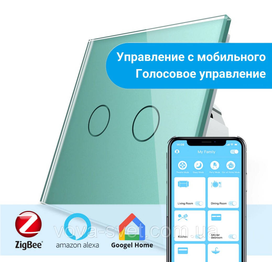 Розумний сенсорний ZigBee вимикач 2 сенсора Livolo зелений скло (VL-C702Z-18)
