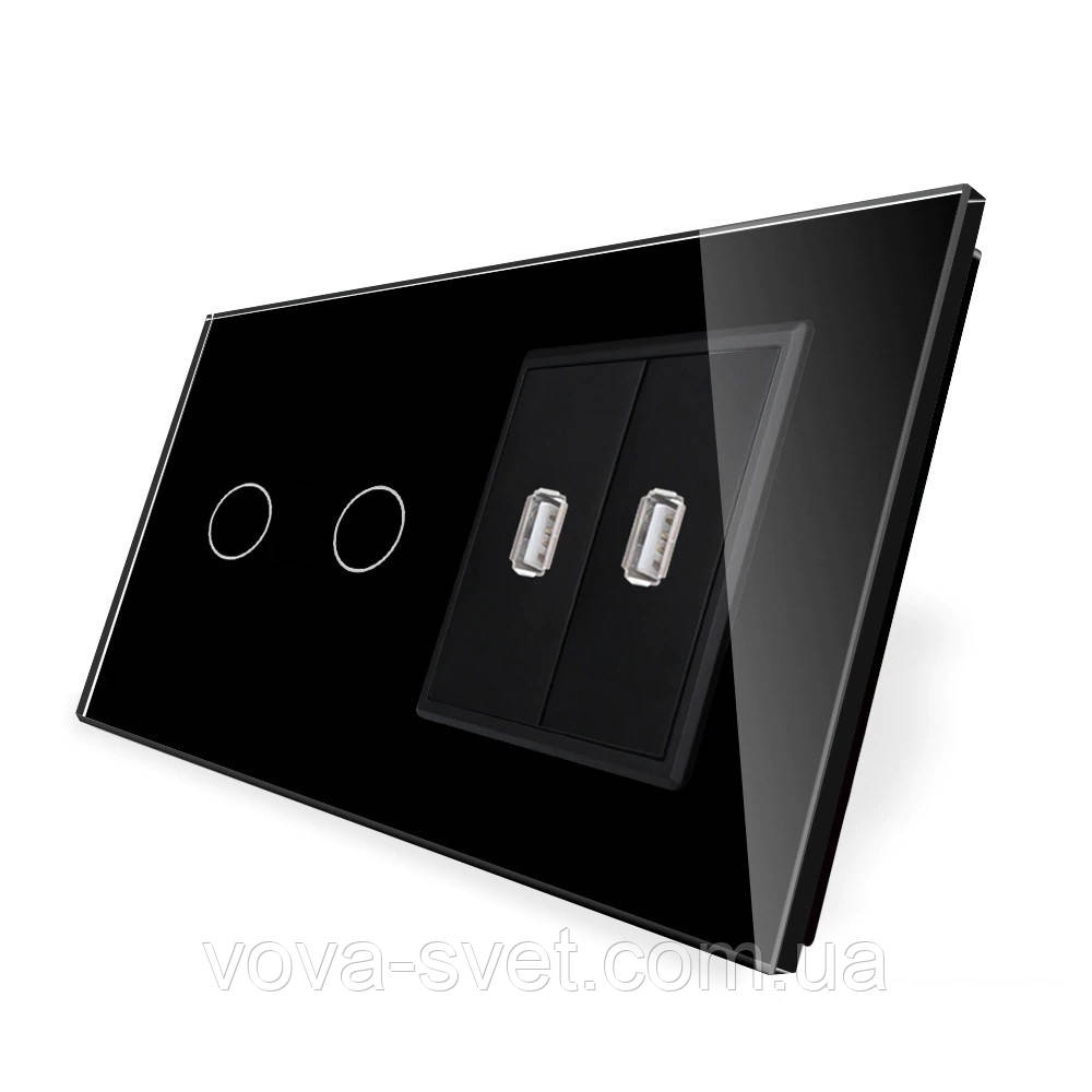 Сенсорний вимикач 2 сенсора 2 USB Livolo чорний скло (VL-C702/2USB-12)
