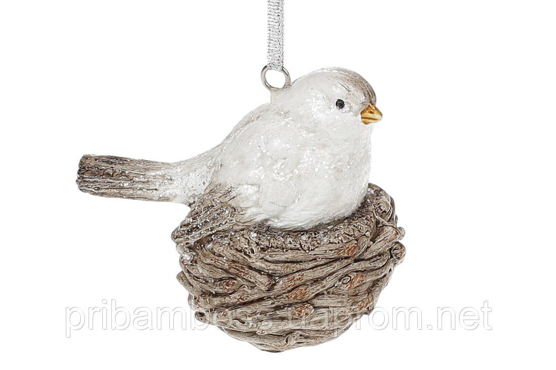 Підвісна декоративна фігурка Пташка у гніздечку, 9см, колір - білий