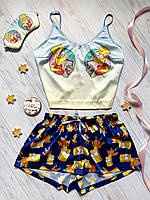 Пижама (шорты и майка) женская шелковая с принтом Bart Simpson голубая