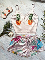 Пижама (шорты и майка) женская шелковая с принтом Pineapple бежевая
