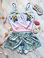 Пижама (шорты и майка) женская шелковая с принтом Minions голубая