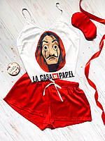 Пижама (шорты и майка) женская шелковая с принтом LaCasaDePapel красная