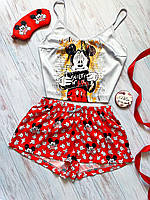 Пижама (шорты и майка) женская шелковая с принтом Mickey Mouse красная
