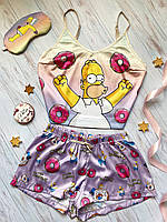 Пижама (шорты и майка) женская шелковая с принтом Simpsons фиолетовая