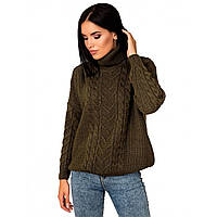 Зимний модный женский свитер под горло оверсайз песочного цвета размер от 44 до 48 хаки