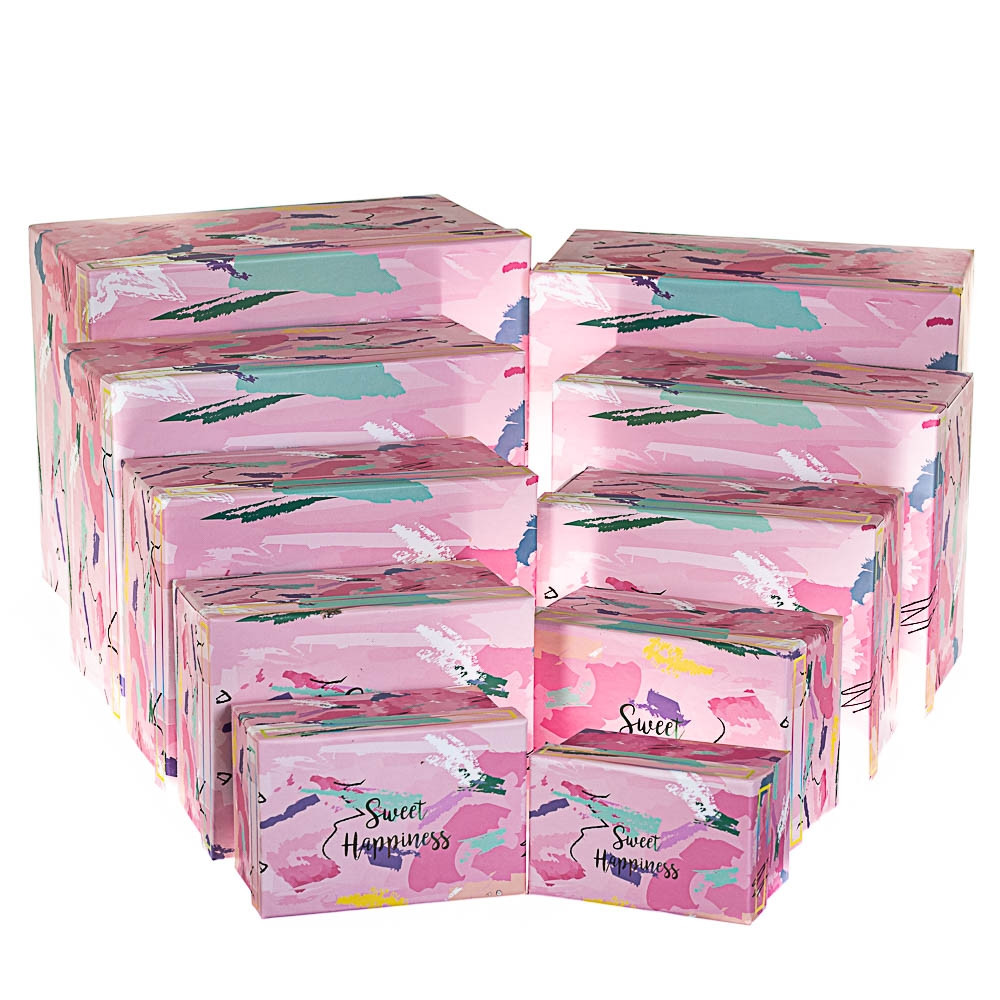 Набір великих подарункових коробок рожевого кольору "Щастя" 10 шт. (щільний картон)