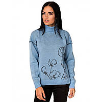 Блакитний светр під горло вільний жіночий з малюнком, розмір 42-46
