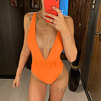 Женский сдельный купальник с поясом неоновый оранжевый