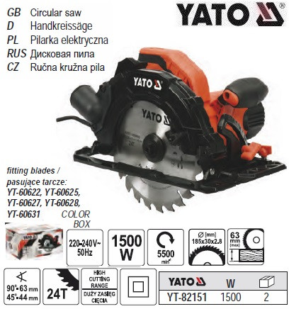 Пила дискова ручна P=1.5 кВт Ø=185 мм YATO-82151