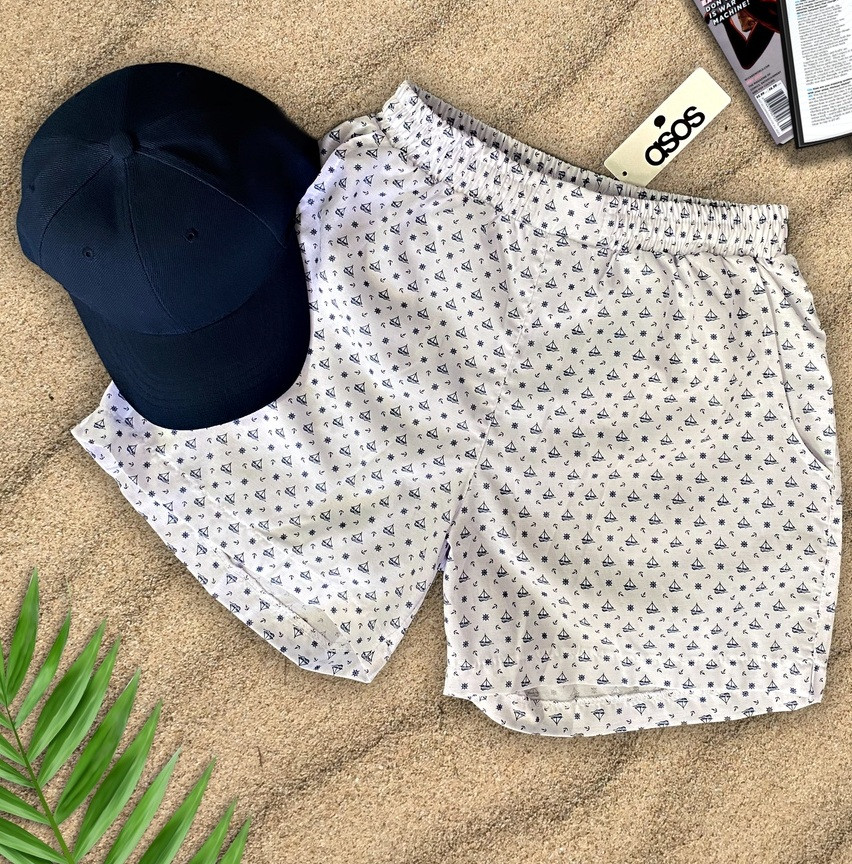 Купальні шорти чоловічі пляжні плавальні літні білі з принтом Кораблик Туреччина. Живе фото. Багато квітів, фото 1