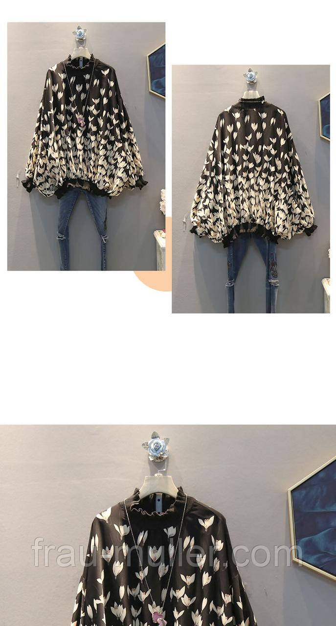Модний чорний блузон з шовкової тканини в квіти з коміром-стійкою Alex, фото 1