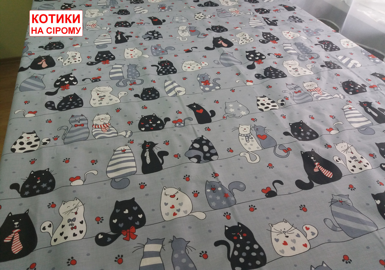 Двоспальне простирадло на резинці 140х200х20, принт: Котики на сірому