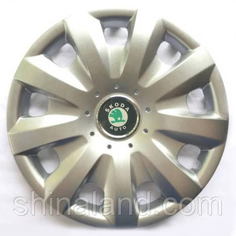 Ковпаки Skoda R15 зелена емблема, срібло — (SJS ke2016) — комплект (4 шт.)