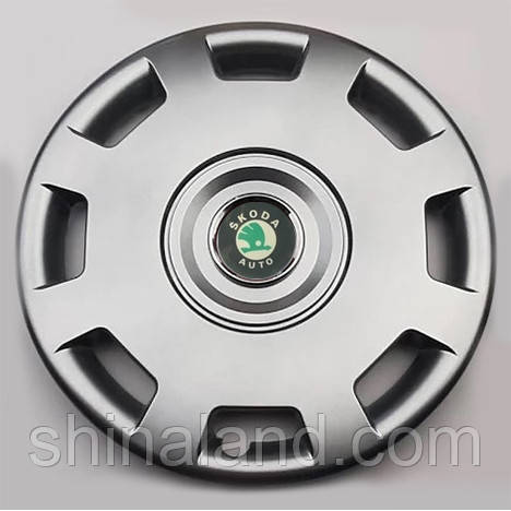 Ковпаки Skoda R15 зелена емблема, срібло — (SJS ke646) — комплект (4 шт.)