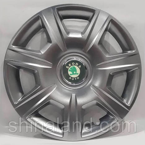Ковпаки Skoda R15 зелена емблема, срібло — (SJS ke2155) — комплект (4 шт.)