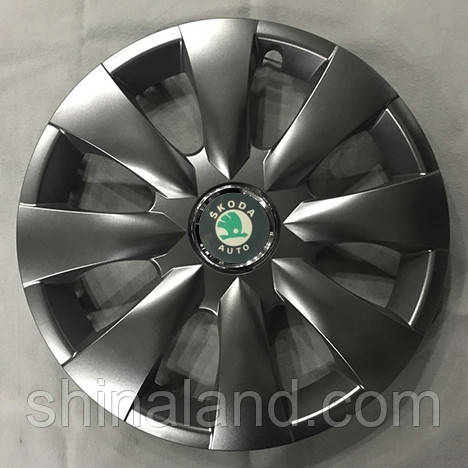 Ковпаки Skoda R15 зелена емблема, срібло — (SJS ke1877) — комплект (4 шт.)