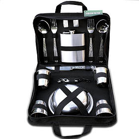 Подарунковий посуд для пікніка з флягою на 8 персон із неіржавкої сталі в компактній сумці чудовий подарунок рибалці