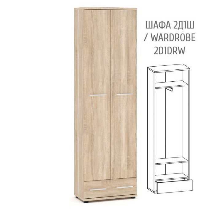 Шафа для одягу "Тріо" 60х32х203 см. Дуб сонома, 2Дв/1Ш, фото 1