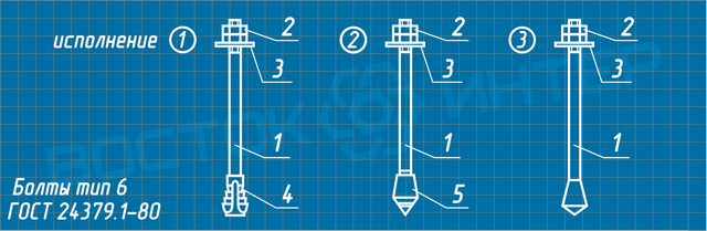 Чертеж болта фундаментного с коническим концом ГОСТ 24379.1-80 тип 6 исполнение 1, 2 и 3