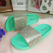 Жіночі шльопанці бірюзові зі стразами