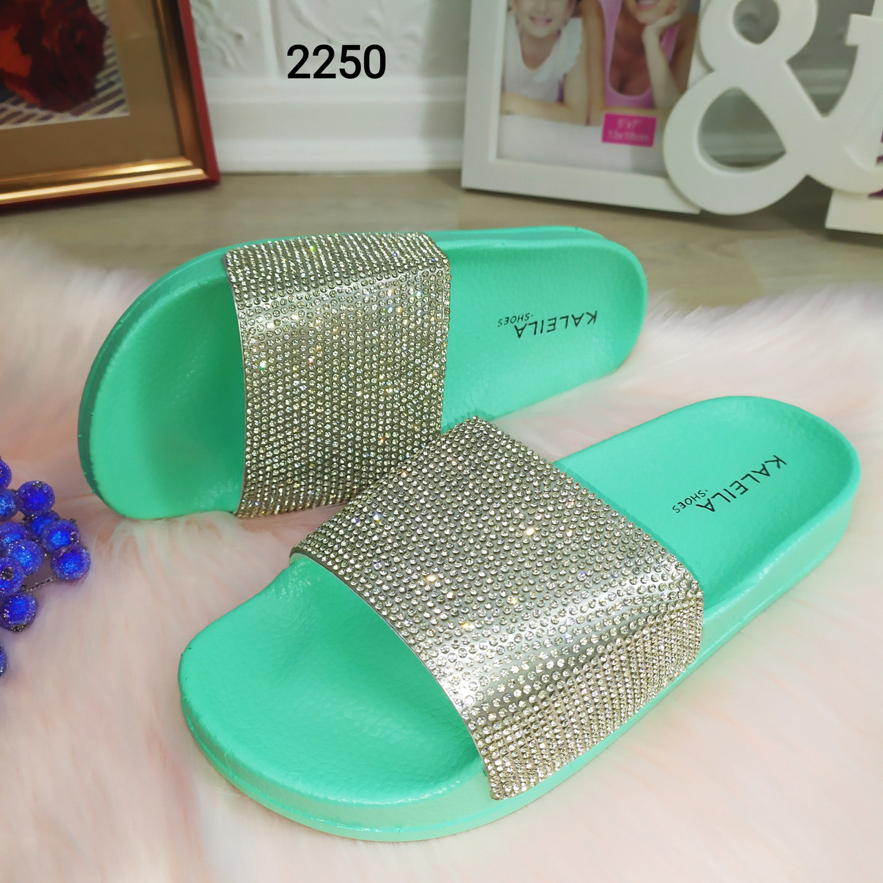 Жіночі шльопанці бірюзові зі стразами, фото 1